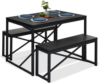 3 Piece Modern Dining Set Black Wood Table with Bench Chairs