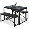 3 Piece Modern Dining Set Black Wood Table with Bench Chairs