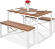 3 Piece Modern Dining Set White Metal Frame Wood Table with Benches