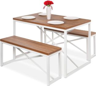 3 Piece Modern Dining Set White Metal Frame Wood Table with Benches