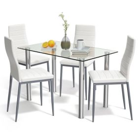 5 Piece Modern Dining Set Glass Top Table with 4 White Chairs