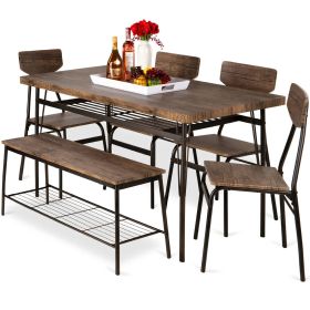6 Piece Modern Dining Set Brown Wood Table with 4 Chairs Bench