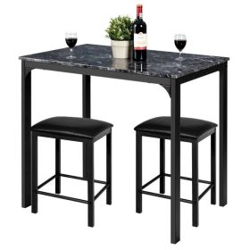 3 Piece Modern Dining Set Black Faux Marble Table with Stools