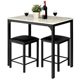 3 Piece Modern Dining Set Faux Marble Table with 2 Black Stools
