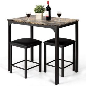 3 Piece Modern Dining Set Brown Faux Marble Table with Stools