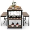 3 Piece Industrial Dining Set Wood Table with 2 Benches Wine Rack
