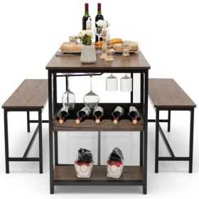 3 Piece Industrial Dining Set Wood Table with 2 Benches Wine Rack