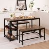 3 Piece Industrial Dining Set Wood Table with 2 Benches Wine Rack