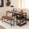 3 Piece Industrial Dining Set Wood Table with 2 Benches Wine Rack