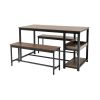 3 Piece Industrial Dining Set Wood Table with 2 Benches Wine Rack