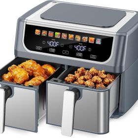 9.5 Quart Dual Basket Air Fryer with Independent Temperature Control (Color: gray)